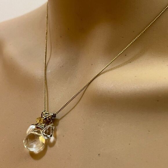 Handmade Teardrop Quartz Necklace Gold Tone Chain Cultured Pearl Rhinestone 20in - Picture 8 of 13